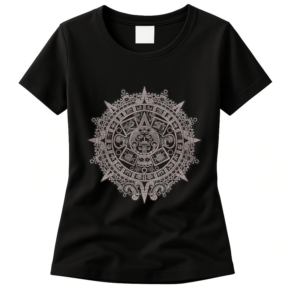 Aztec Sun Calendar Aztec Sun Stone Mayan Sun Symbol Womens T-Shirt