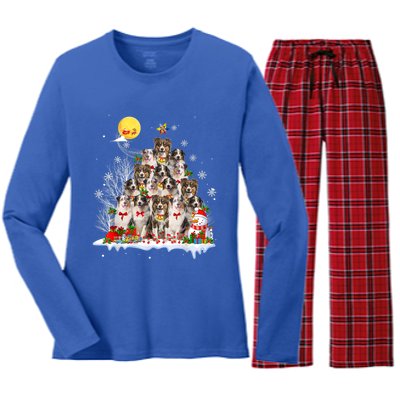 Australian Shepherd Dog Lover Matching Santa Christmas Tree Cute Gift Women's Long Sleeve Flannel Pajama Set 