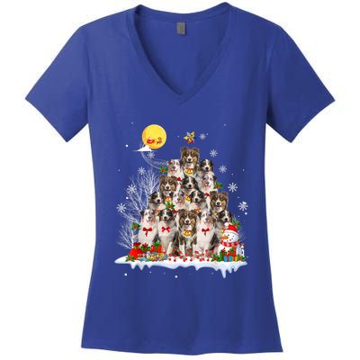 Australian Shepherd Dog Lover Matching Santa Christmas Tree Cute Gift Women's V-Neck T-Shirt