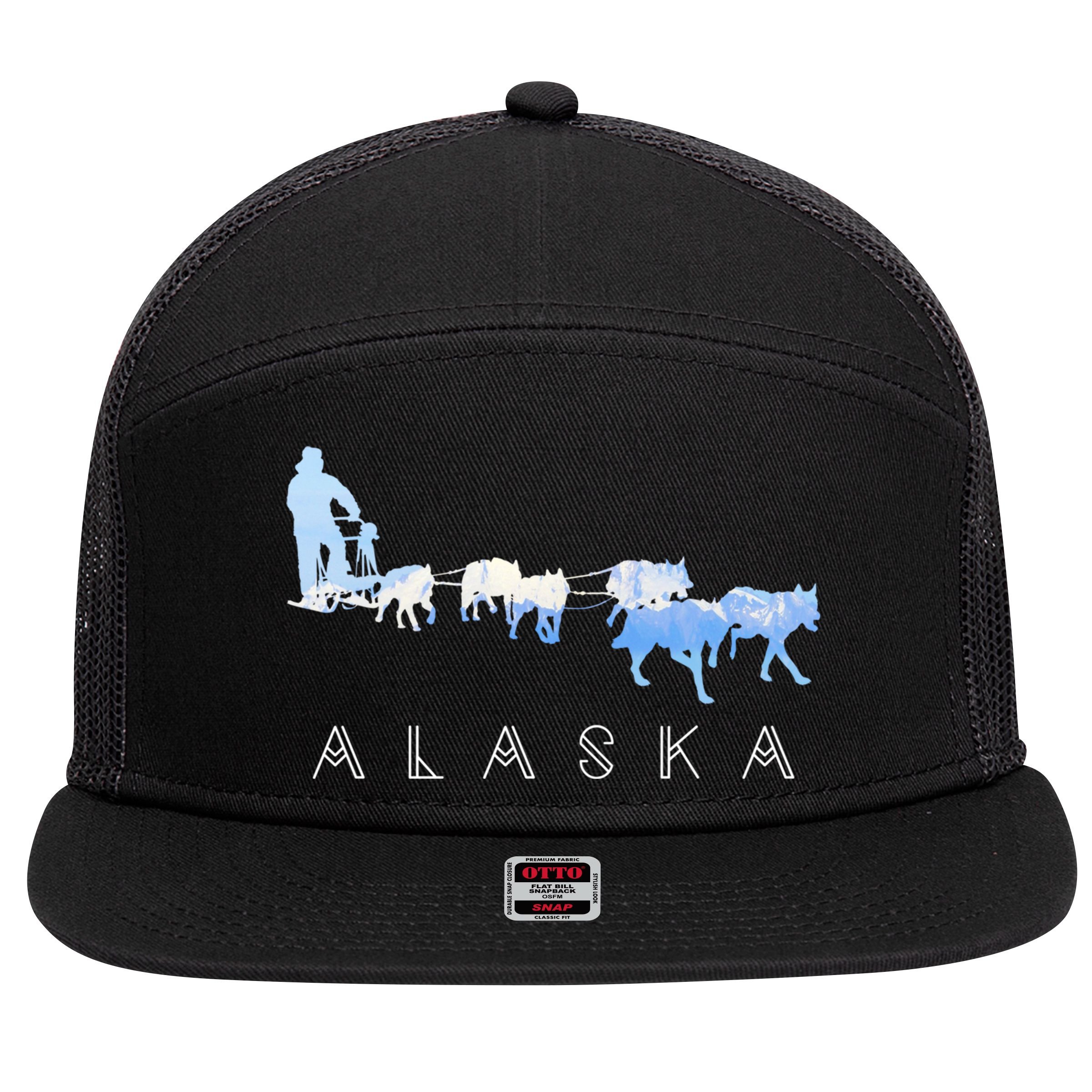 Alaska Sled Dogs Mushing Gift Sled Dog Team Snow Mountain Scene Gift 7 Panel Mesh Trucker Snapback Hat