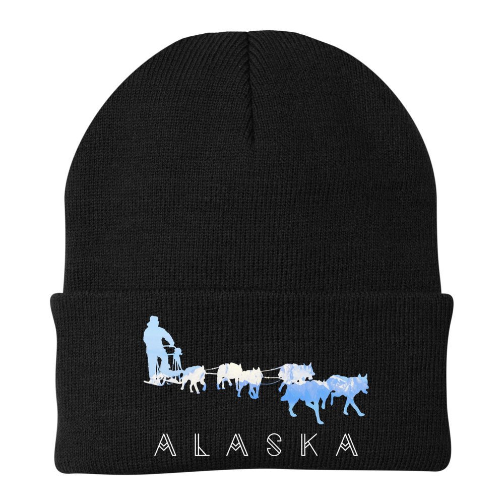 Alaska Sled Dogs Mushing Gift Sled Dog Team Snow Mountain Scene Gift Beanie