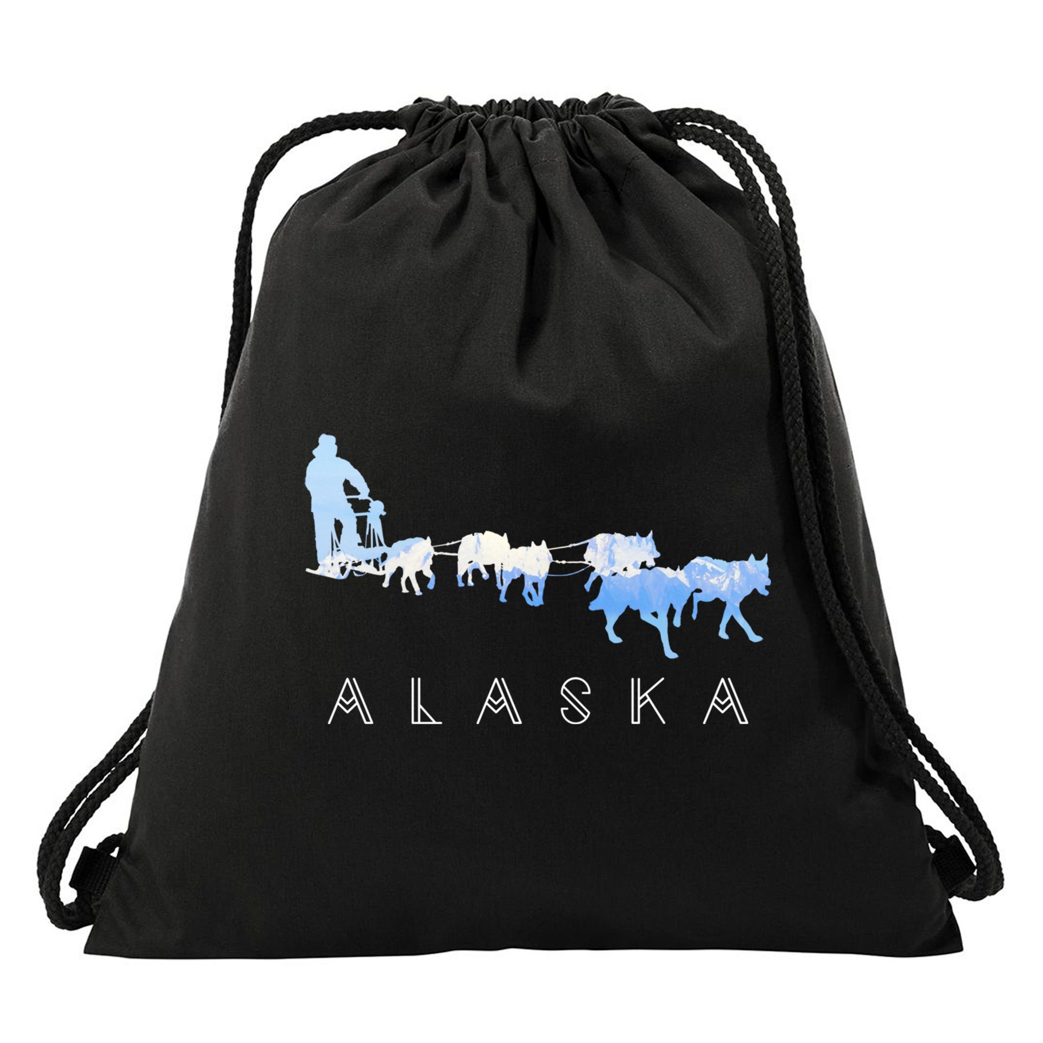 Alaska Sled Dogs Mushing Gift Sled Dog Team Snow Mountain Scene Gift Drawstring Bag