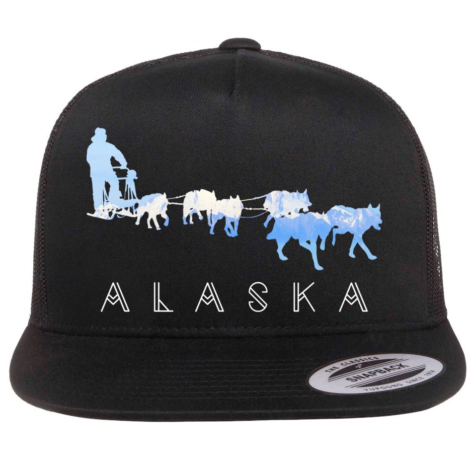 Alaska Sled Dogs Mushing Gift Sled Dog Team Snow Mountain Scene Gift Flat Bill Trucker Hat