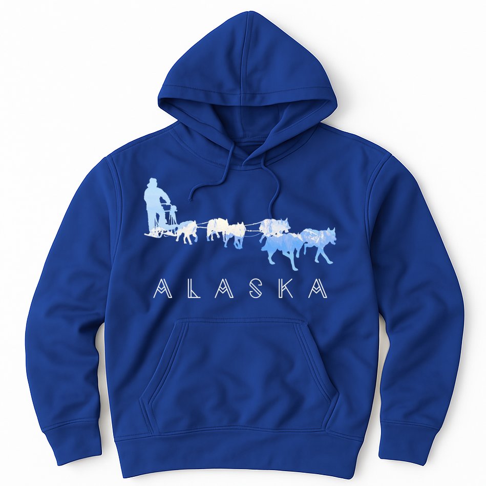 Alaska Sled Dogs Mushing Gift Sled Dog Team Snow Mountain Scene Gift Hoodie