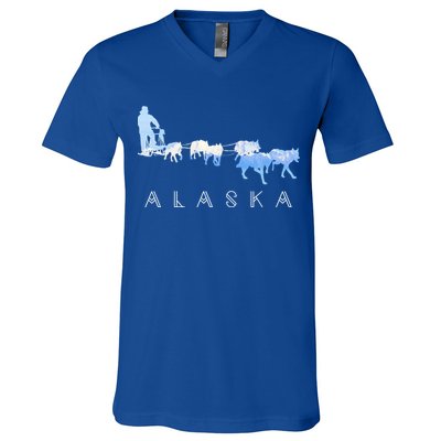 Alaska Sled Dogs Mushing Gift Sled Dog Team Snow Mountain Scene Gift V-Neck T-Shirt