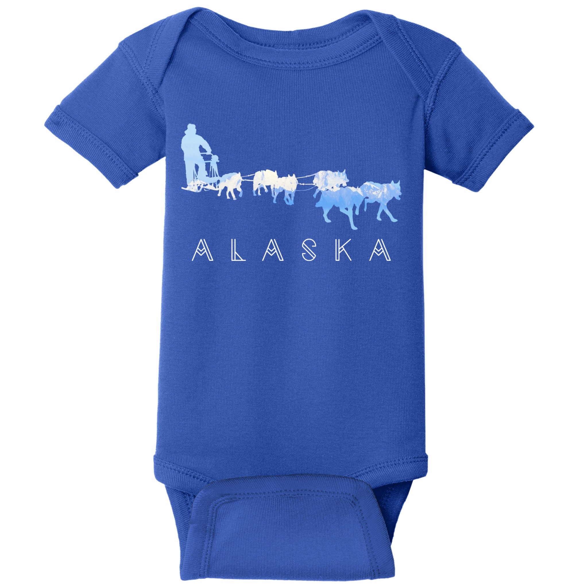 Alaska Sled Dogs Mushing Gift Sled Dog Team Snow Mountain Scene Gift Baby Bodysuit
