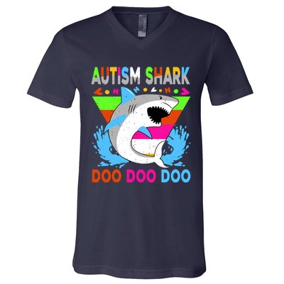 Autism Shark Doo Doo Doo Awareness Puzzle V-Neck T-Shirt