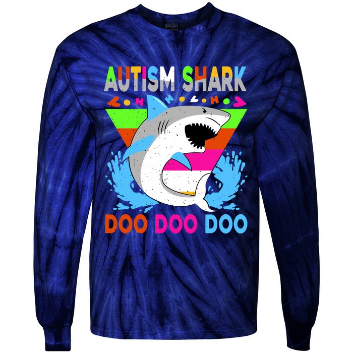 Autism Shark Doo Doo Doo Awareness Puzzle Tie-Dye Long Sleeve Shirt