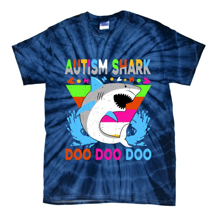 Autism Shark Doo Doo Doo Awareness Puzzle Tie-Dye T-Shirt