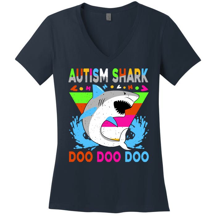 Autism Shark Doo Doo Doo Awareness Puzzle Women's V-Neck T-Shirt