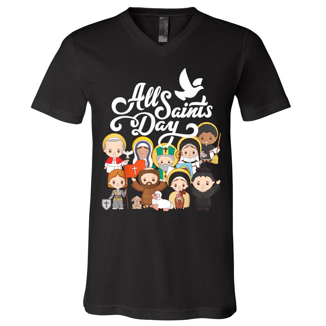 All Saints Day Kids Catholic St Francis Therese Joan Of Arc V-Neck T-Shirt