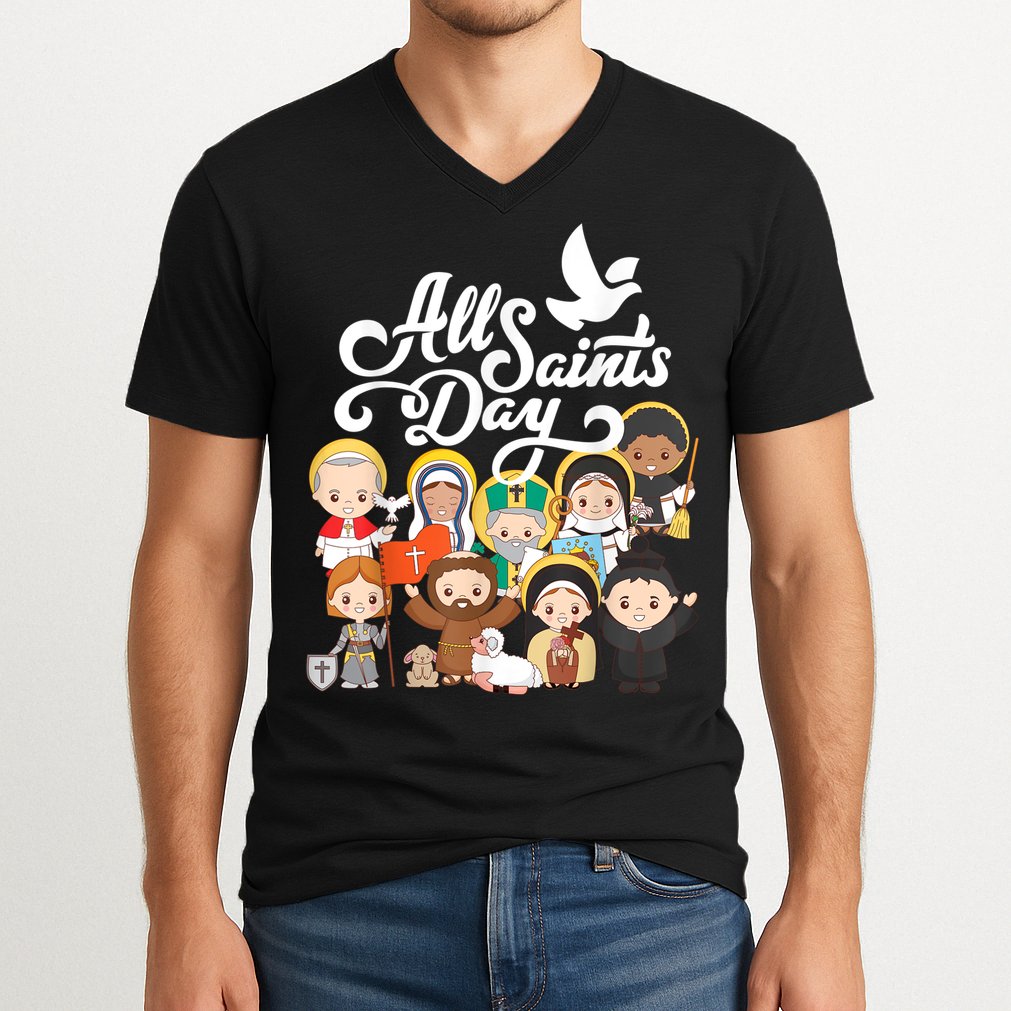 All Saints Day Kids Catholic St Francis Therese Joan Of Arc V-Neck T-Shirt