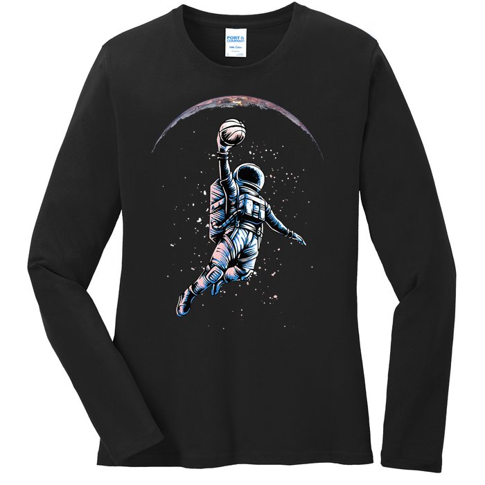 Astronaut Slam Dunk Space Basketball Ladies Long Sleeve Shirt