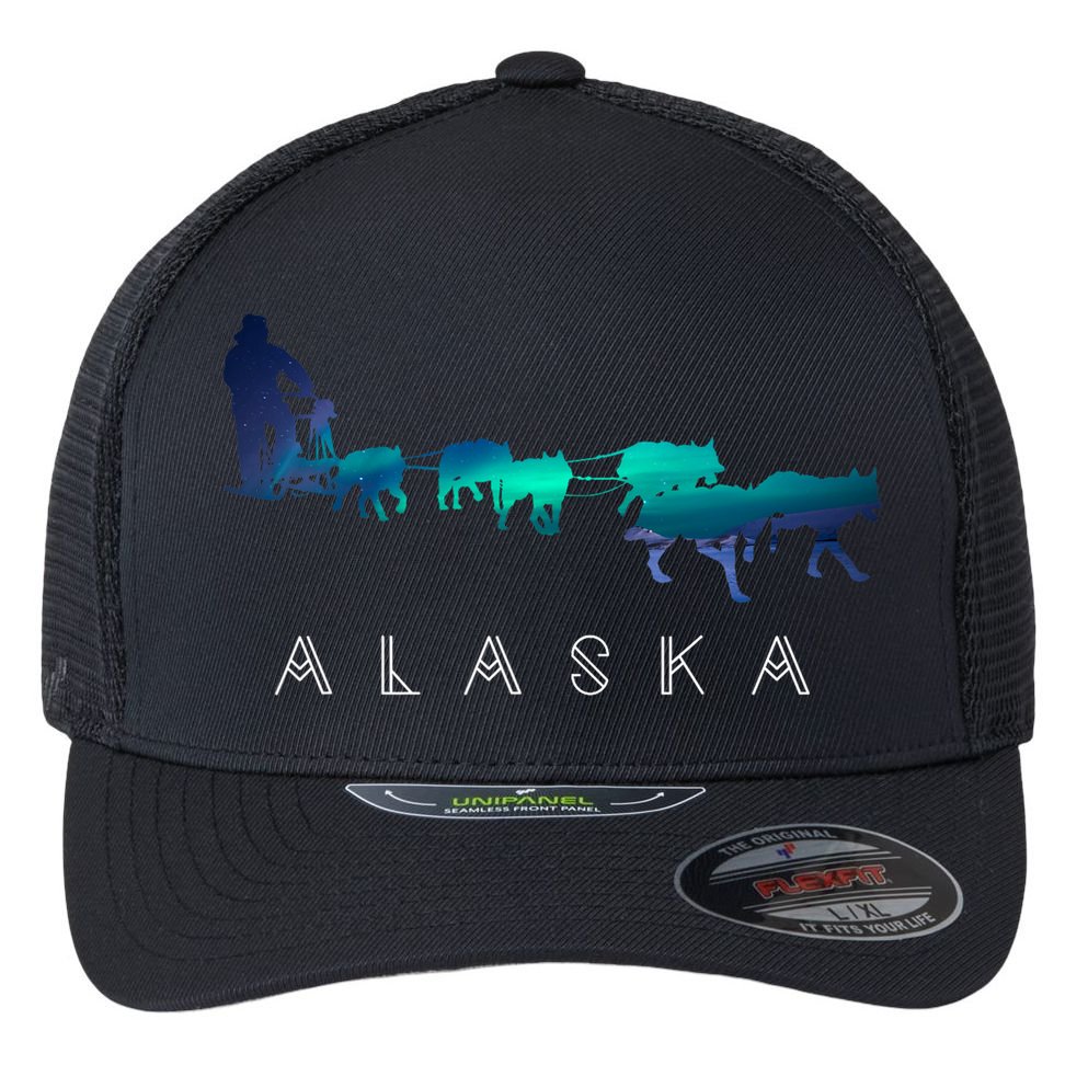 Alaska Sled Dogs Mushing Sled Dog Team A.U.R.O.R.A Borealis Scene Flexfit Unipanel Trucker Cap