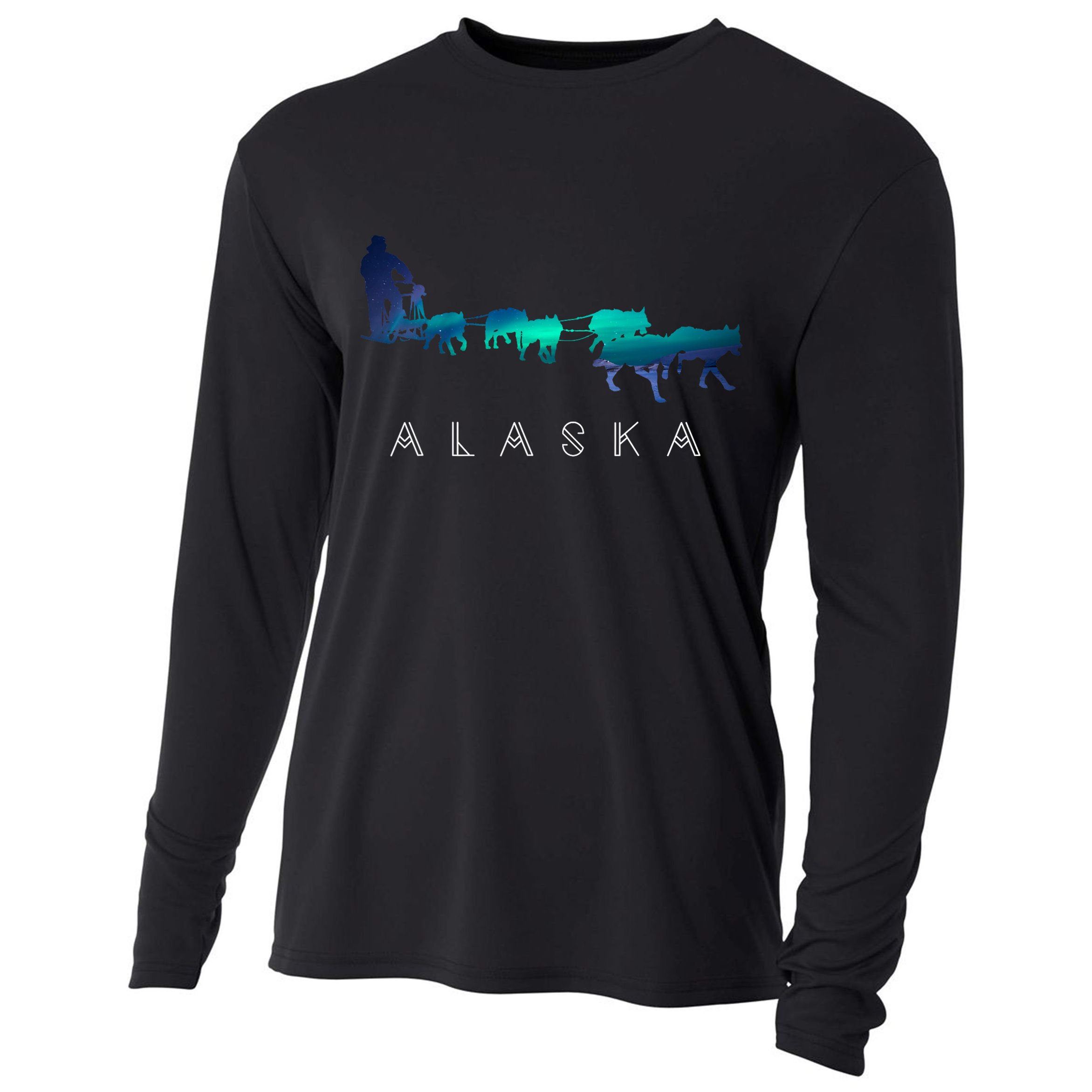 Alaska Sled Dogs Mushing Sled Dog Team A.U.R.O.R.A Borealis Scene Cooling Performance Long Sleeve Crew