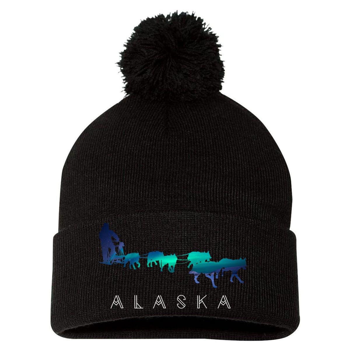 Alaska Sled Dogs Mushing Sled Dog Team A.U.R.O.R.A Borealis Scene Pom Pom 12in Knit Beanie