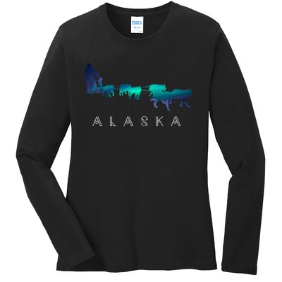 Alaska Sled Dogs Mushing Sled Dog Team A.U.R.O.R.A Borealis Scene Ladies Long Sleeve Shirt