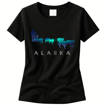 Alaska Sled Dogs Mushing Sled Dog Team A.U.R.O.R.A Borealis Scene Womens T-Shirt