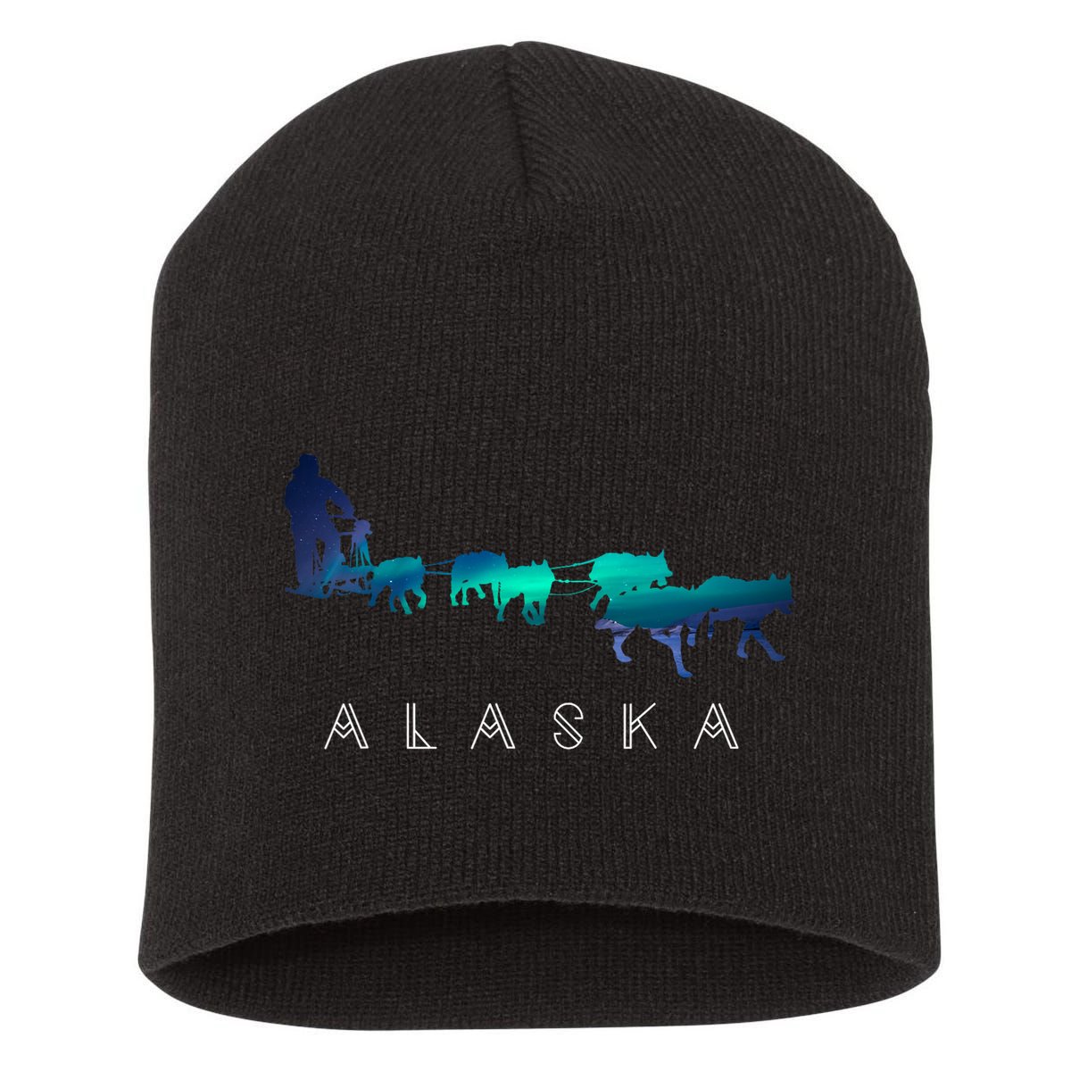 Alaska Sled Dogs Mushing Sled Dog Team A.U.R.O.R.A Borealis Scene Short Acrylic Beanie