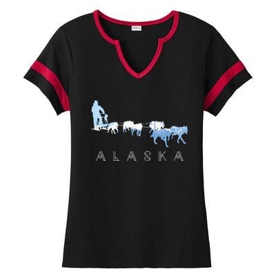 Alaska Sled Dogs Mushing Sled Dog Team Snow Mountain Scene Ladies Halftime Notch Neck Tee