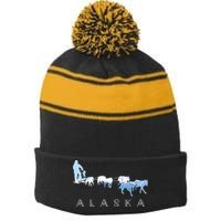Alaska Sled Dogs Mushing Sled Dog Team Snow Mountain Scene Stripe Pom Pom Beanie