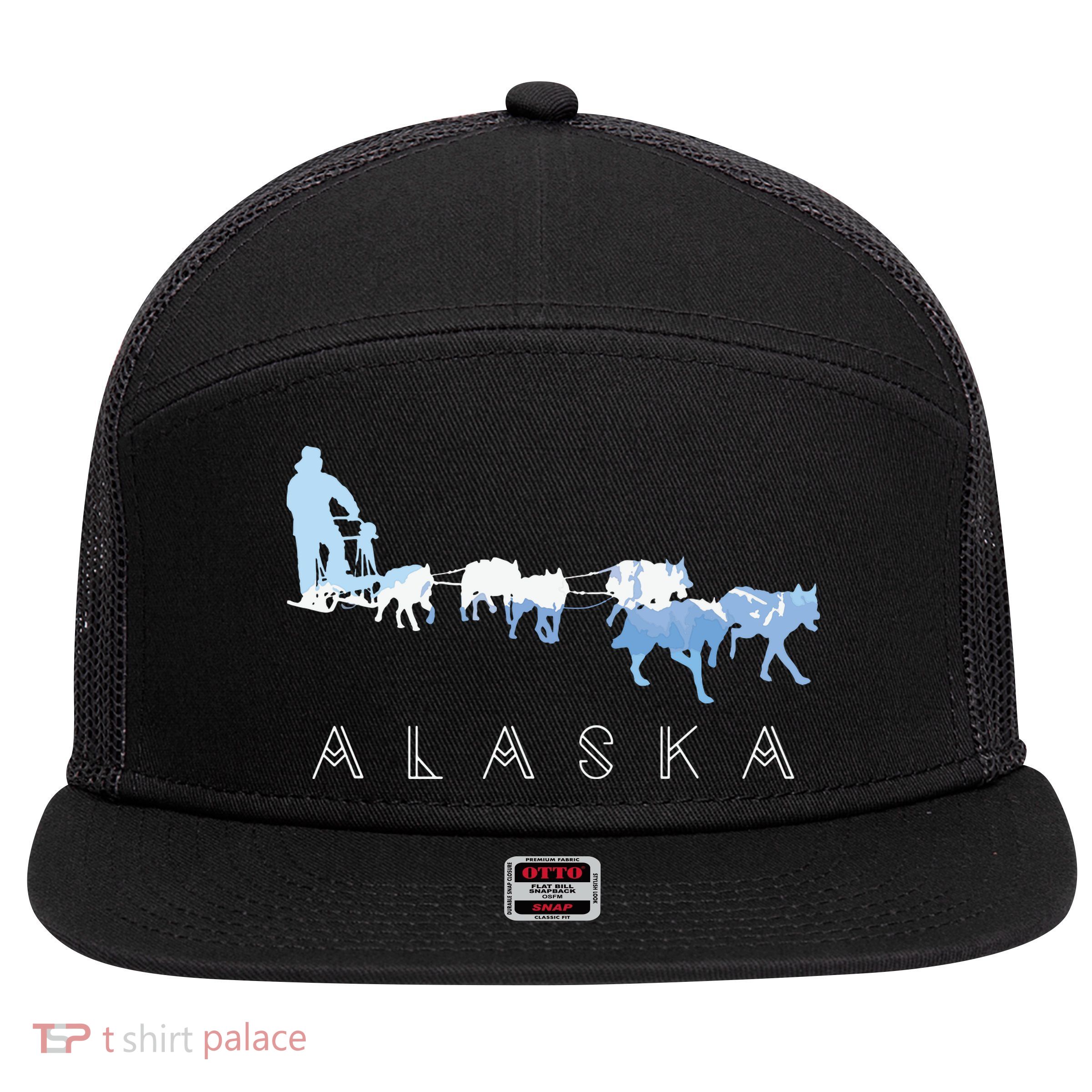 Alaska Sled Dogs Mushing Sled Dog Team Snow Mountain Scene 7 Panel Mesh Trucker Snapback Hat