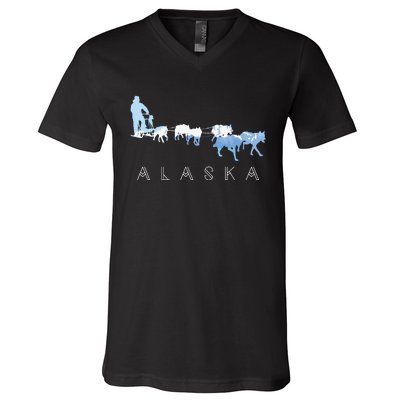 Alaska Sled Dogs Mushing Sled Dog Team Snow Mountain Scene V-Neck T-Shirt