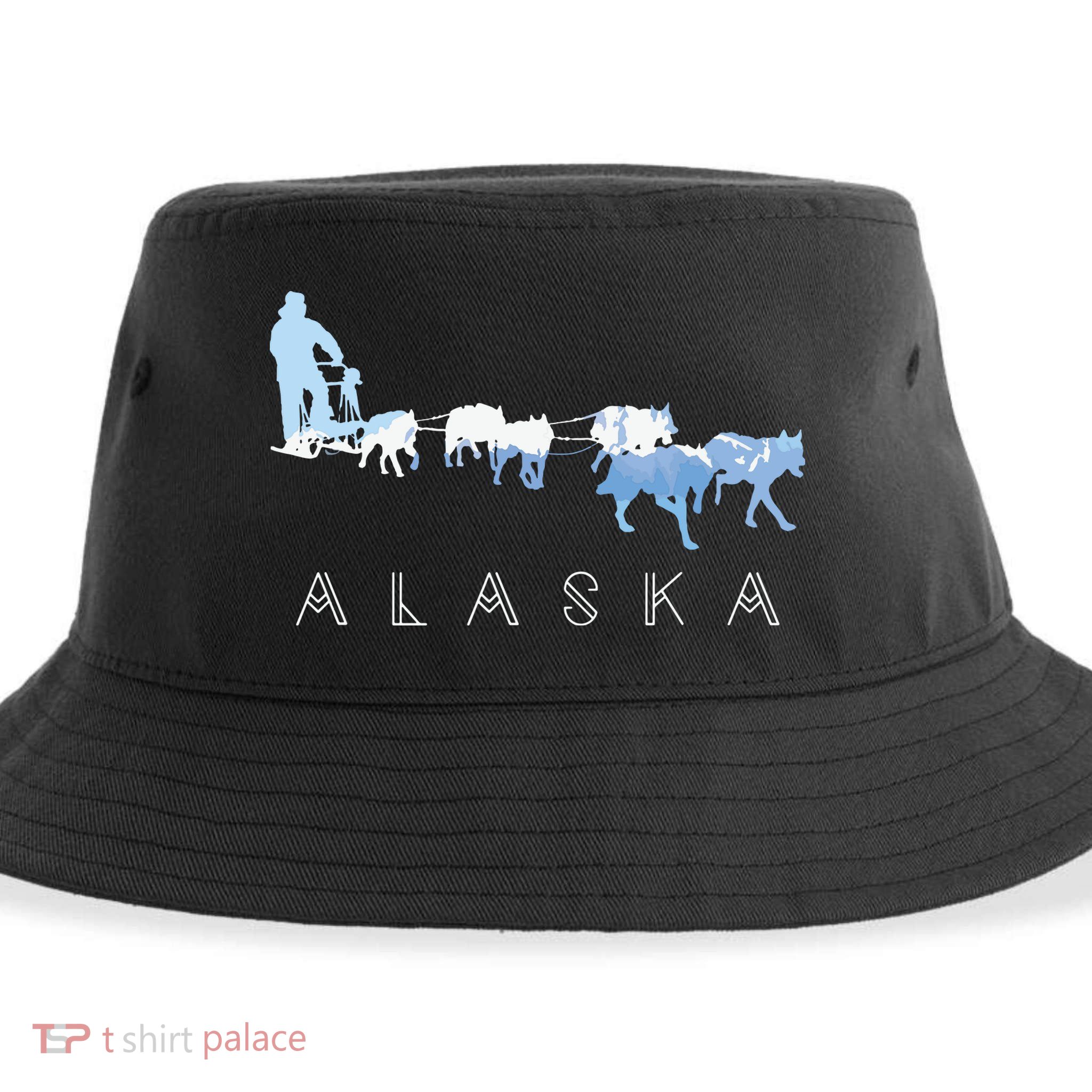 Alaska Sled Dogs Mushing Sled Dog Team Snow Mountain Scene Sustainable Bucket Hat