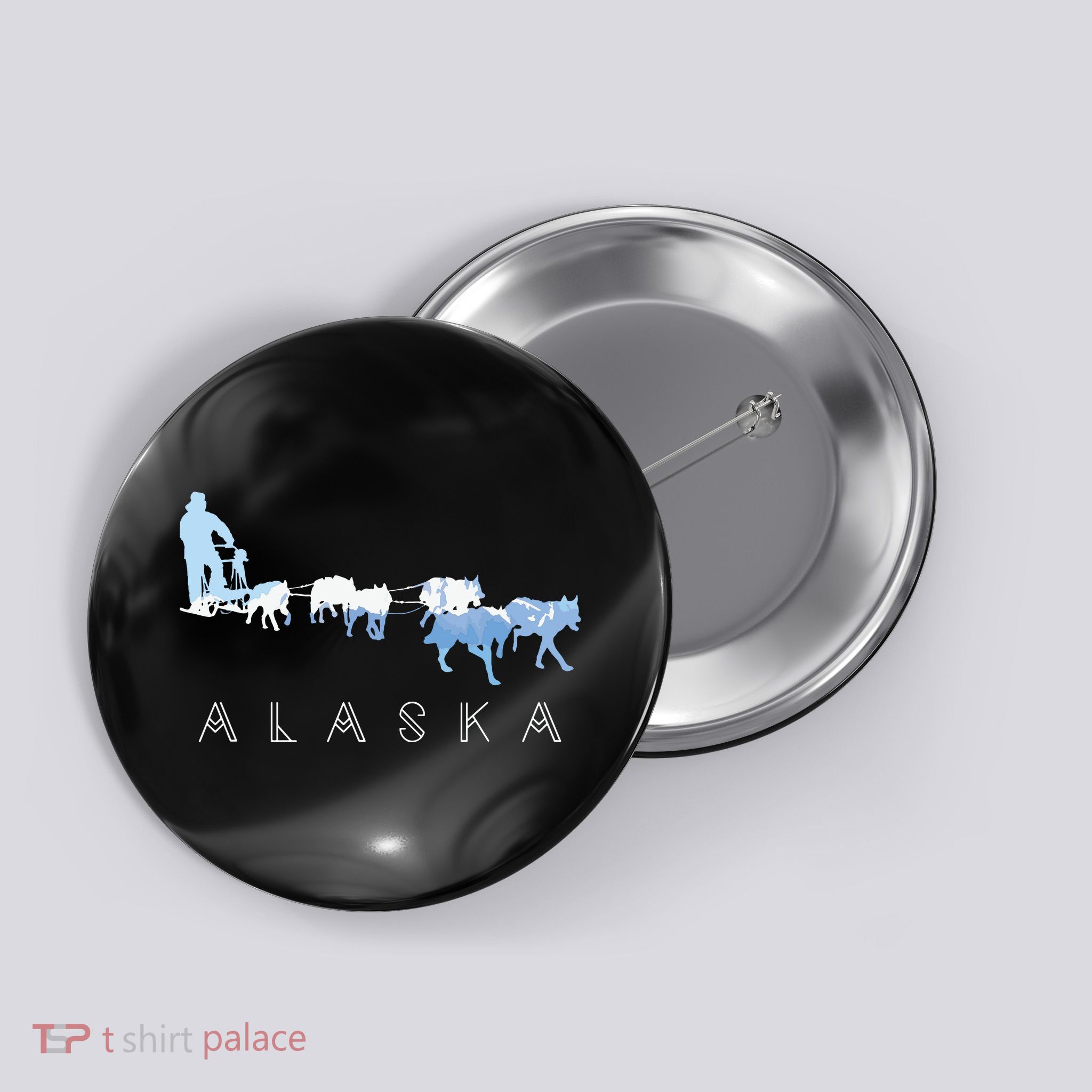 Alaska Sled Dogs Mushing Sled Dog Team Snow Mountain Scene Button