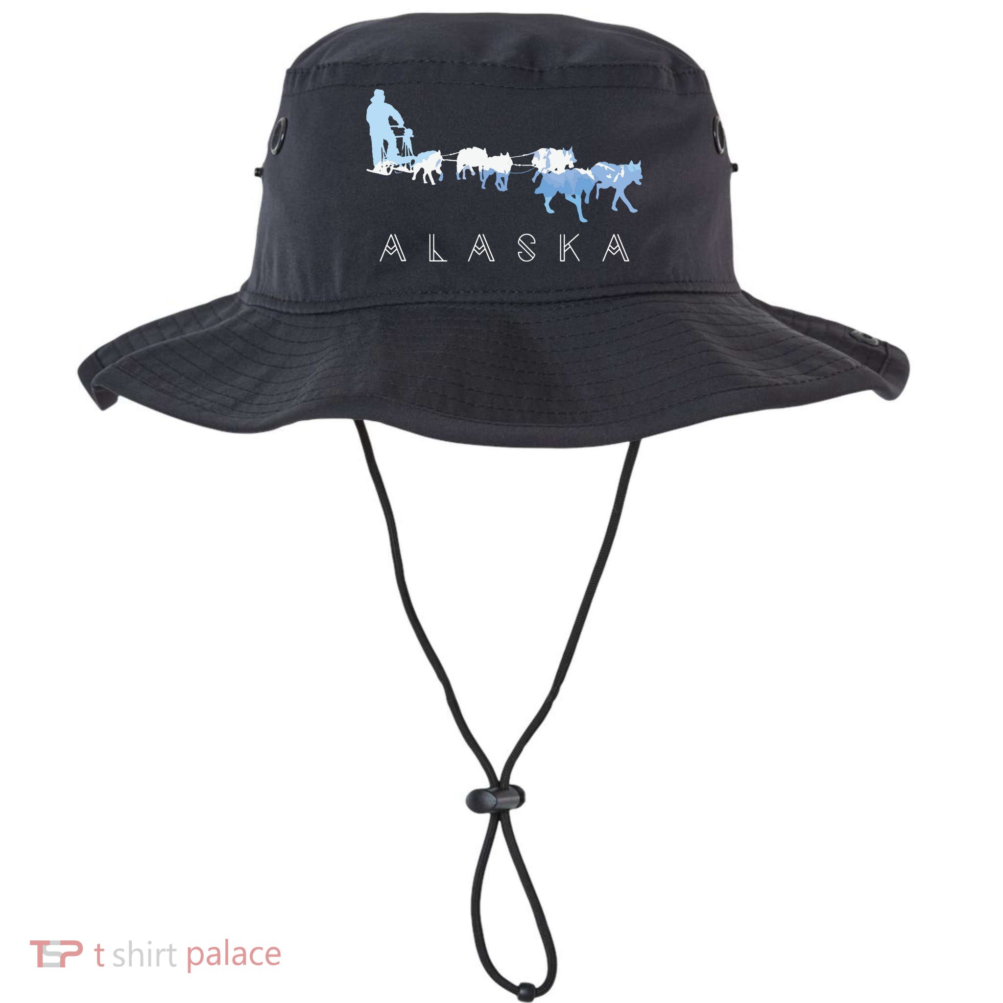 Alaska Sled Dogs Mushing Sled Dog Team Snow Mountain Scene Bucket Hat
