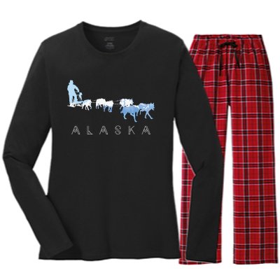 Alaska Sled Dogs Mushing Sled Dog Team Snow Mountain Scene Women's Long Sleeve Flannel Pajama Set 