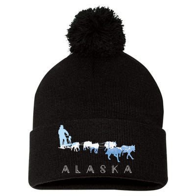 Alaska Sled Dogs Mushing Sled Dog Team Snow Mountain Scene Pom Pom 12in Knit Beanie