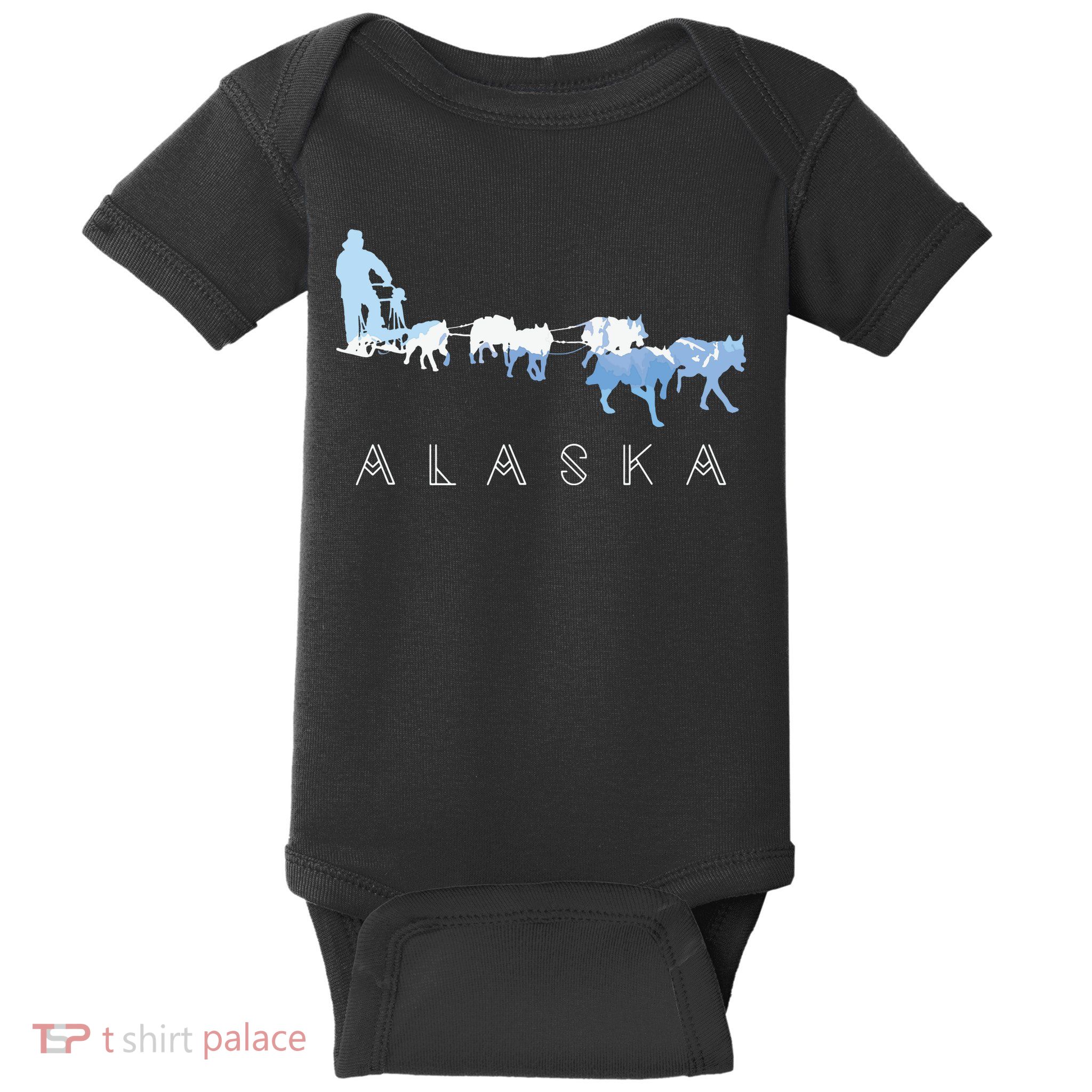 Alaska Sled Dogs Mushing Sled Dog Team Snow Mountain Scene Baby Bodysuit