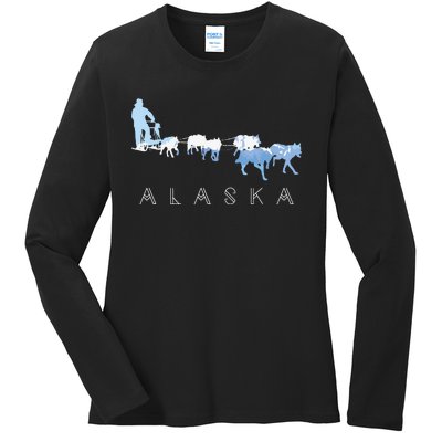 Alaska Sled Dogs Mushing Sled Dog Team Snow Mountain Scene Ladies Long Sleeve Shirt