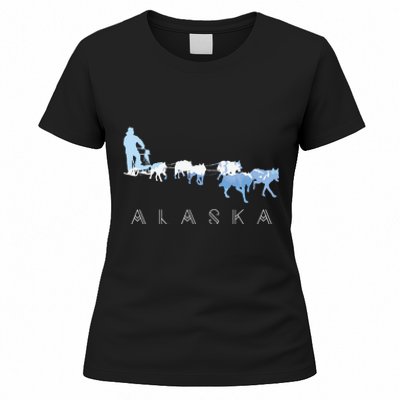 Alaska Sled Dogs Mushing Sled Dog Team Snow Mountain Scene Women's T-Shirt