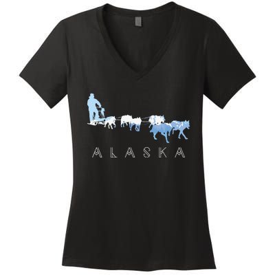 Alaska Sled Dogs Mushing Sled Dog Team Snow Mountain Scene Women's V-Neck T-Shirt