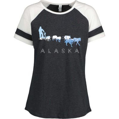 Alaska Sled Dogs Mushing Sled Dog Team Snow Mountain Scene Enza Ladies Jersey Colorblock Tee