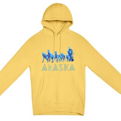 Alaska Sled Dogs Mushing Team Snow Sledding Mountain Scene Premium Pullover Hoodie