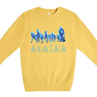 Alaska Sled Dogs Mushing Team Snow Sledding Mountain Scene Premium Crewneck Sweatshirt