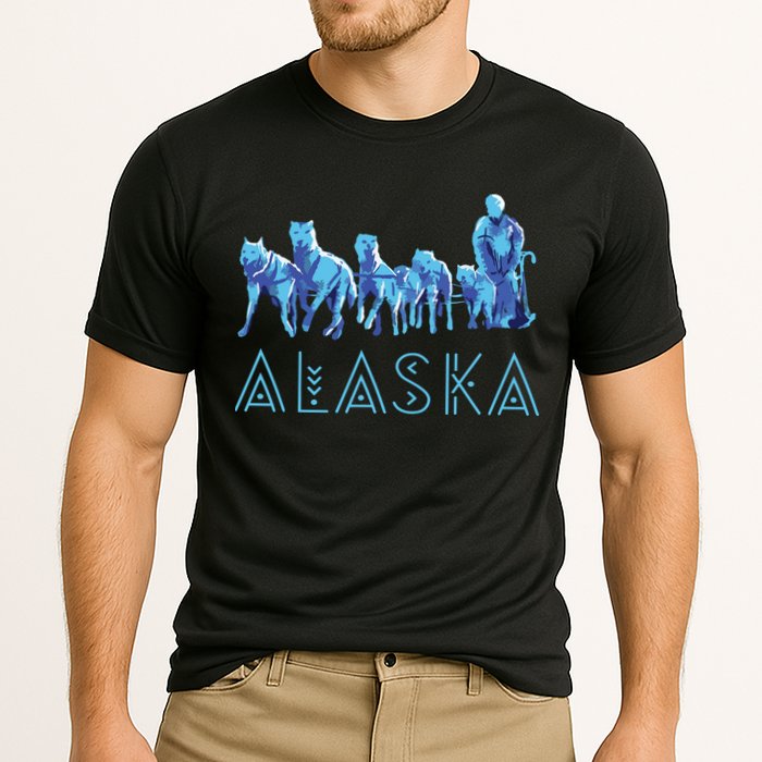 Alaska Sled Dogs Mushing Team Snow Sledding Mountain Scene Performance Shirt