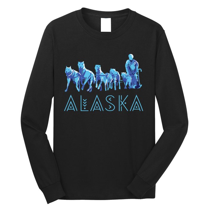 Alaska Sled Dogs Mushing Team Snow Sledding Mountain Scene Long Sleeve Shirt