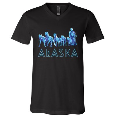 Alaska Sled Dogs Mushing Team Snow Sledding Mountain Scene V-Neck T-Shirt