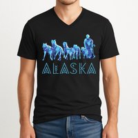 Alaska Sled Dogs Mushing Team Snow Sledding Mountain Scene V-Neck T-Shirt