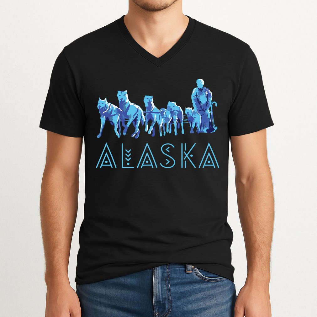 Alaska Sled Dogs Mushing Team Snow Sledding Mountain Scene V-Neck T-Shirt