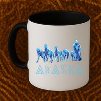 Alaska Sled Dogs Mushing Team Snow Sledding Mountain Scene Mug