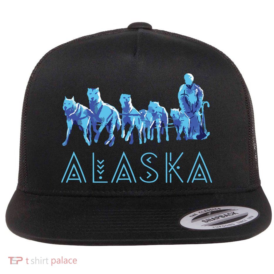 Alaska Sled Dogs Mushing Team Snow Sledding Mountain Scene Flatbill Hat