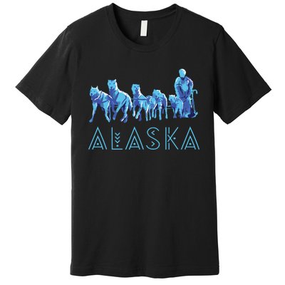 Alaska Sled Dogs Mushing Team Snow Sledding Mountain Scene Premium T-Shirt