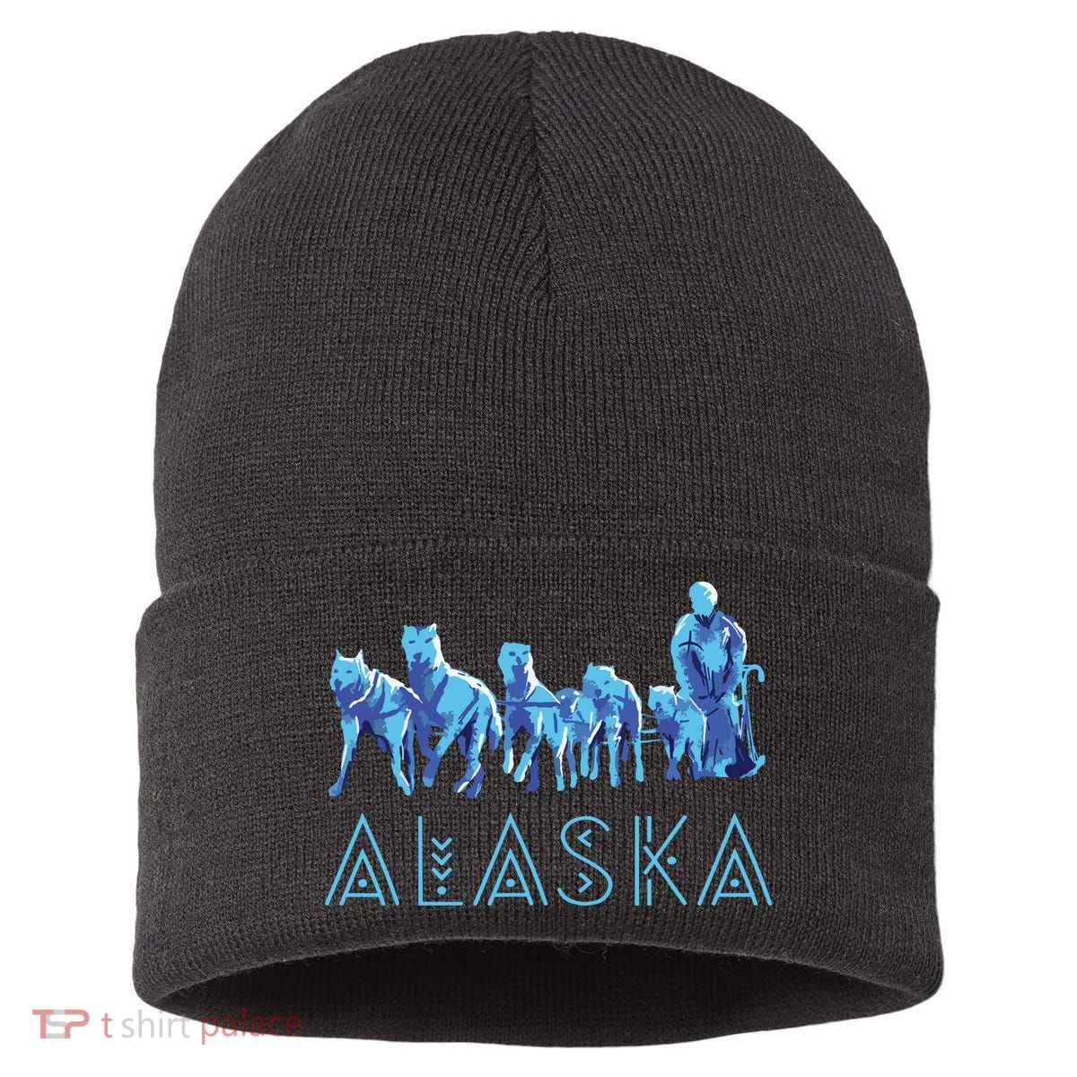 Alaska Sled Dogs Mushing Team Snow Sledding Mountain Scene Sustainable Knit Beanie