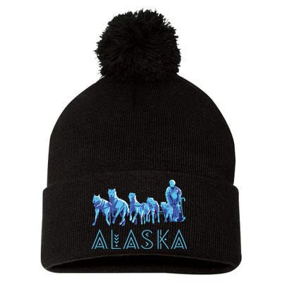 Alaska Sled Dogs Mushing Team Snow Sledding Mountain Scene Pom Pom 12in Knit Beanie