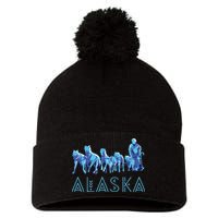Alaska Sled Dogs Mushing Team Snow Sledding Mountain Scene Pom Pom 12in Knit Beanie